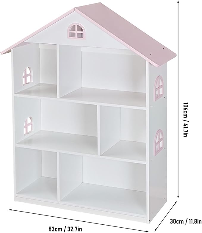 Wooden Dollhouse Bookshelf 4-Tier Kids Bookcase, Toy Storage Organizer & Playhouse with 6 Compartments for Girls Boys, Pink and White Room Furniture for Bedroom Playroom