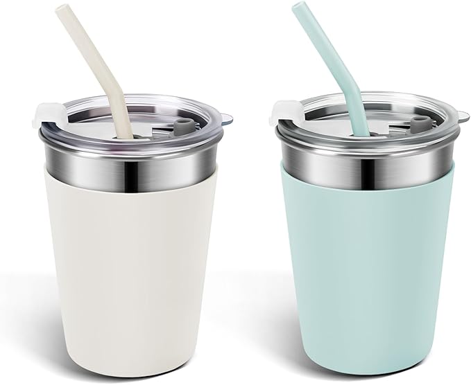 Ymmy Sam 2pcs Stainless Steel Cups with Silicone Straws, 12oz Spill-proof Tumblers Dishwasher Safe Unbreakable Metal Cups with Heat-insulated Sleeves for Cold and Hot Drinks
