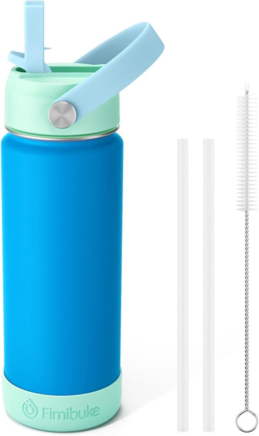 Fimibuke Kids Insulated Water Bottle, 18oz BPA FREE 18/8 Stainless Steel Kids Cup with Straw Travel Tumbler Double Wall Vacuum Leak Proof Toddler Water Bottle for School Boys Girls(1 Pack, Pool)