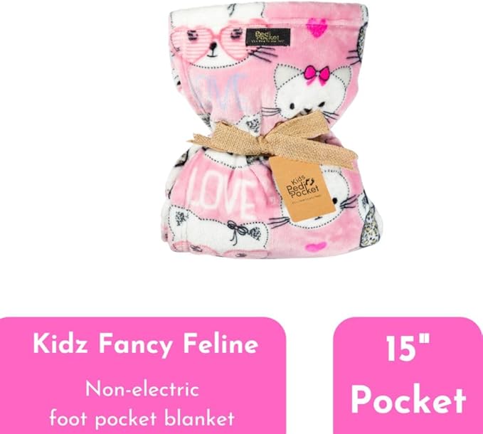 PediPocket Kidz Patented Foot Blanket – Fancy Feline – 40” x 50” with 15” Deep Foot Pocket, Plush Velvety Fleece Blanket for Kids,Everyday Luxurious Comfort, Machine Washable, Gift Idea (non-electric)