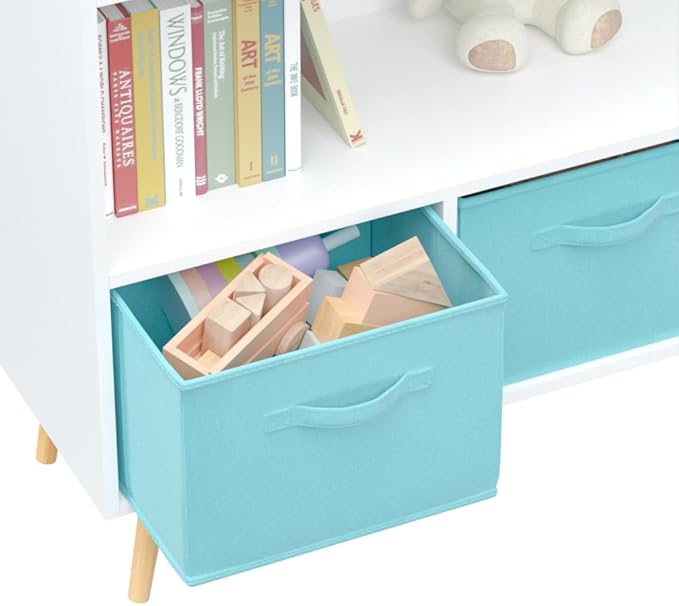 2-Tier Bookcase Bookshelf with Collapsible Fabric Drawers,Cute Book Display Storage Cabinet Organizer for Playroom Livingroom (White+Blue)