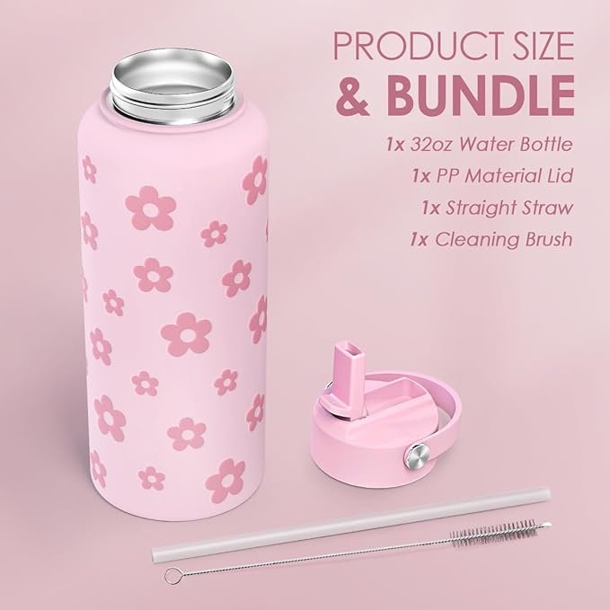Floral Water Bottle Stainless Steel 32oz with Lid & Straw, Daisy Insulated Bottles Gifts for Women Girls Friends Teens Birthday Christmas