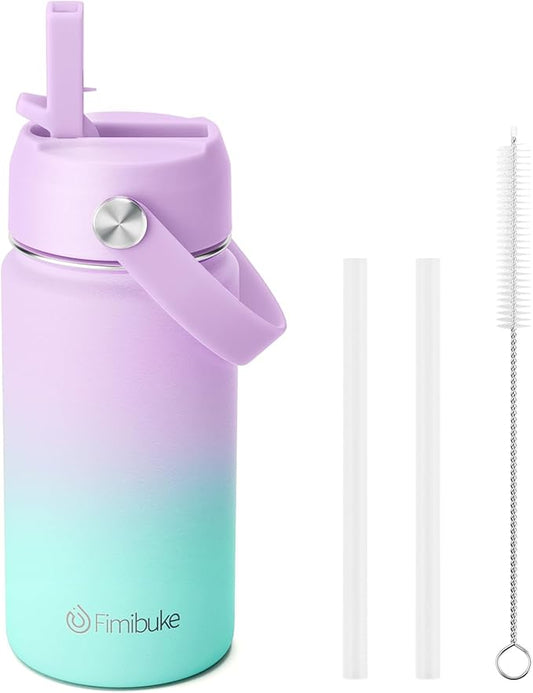 Fimibuke Kids Insulated Water Bottle - 14oz BPA-FREE 18/8 Stainless Steel Travel Tumbler Leak Proof Double Wall Vacuum Kid Cup with Straw Metal Water Bottle for School Boys Girls(1 Pack, Cotton Candy)