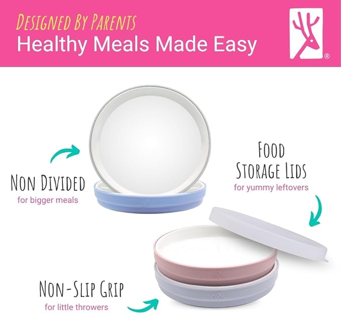 Elk and Friends Kids 7.8” Porcelain White Plates with Silicone Sleeves + Lids | Suitable for Babies/Toddlers | Microwave & Dishwasher Safe | Non Slip Dinnerware | Snack Dishes | 4 Pack