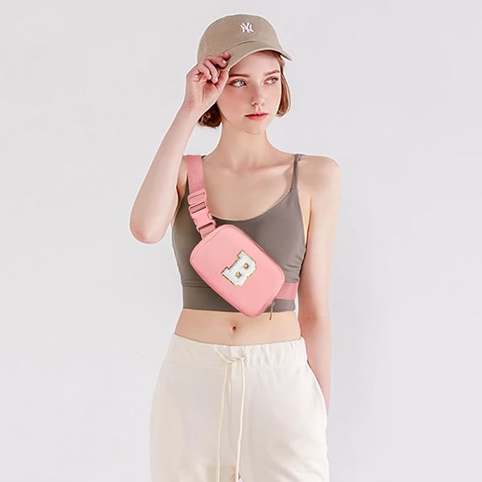 Gitus Birthday Gifts for 8 9 10 11 12 13 Year Old Girls Personalized Fanny Pack Crossbody Bags with Initial Letter Patch Belt Bag for Teen Girls Cute Trendy Stuff Travel Essentials (LightPink-B)