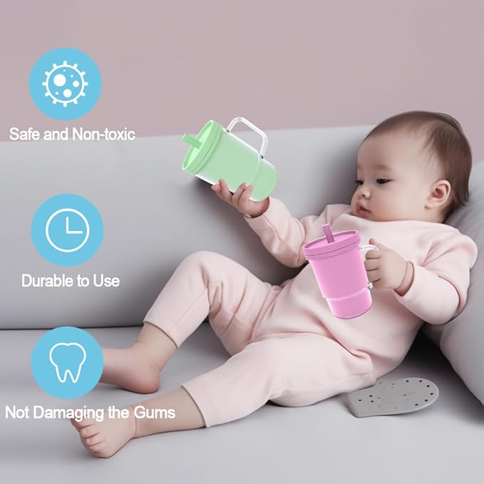 Kids BPA-Free Plastic Tumbler with Spill Resistant Flexible Straw, Easy to Clean, Kids Water Bottle, Great for Travel, Dishwasher Safe, Orange Peach and Watermelon(1 Green &1 Pink)