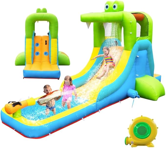 Inflatable Water Slide - Crocodile Theme Bounce House Water Park with Blower, Climbing Wall, Splash Pool, Water Cannon, Blow up Toddler Waterslide for Kids and Adults Backyard, Green