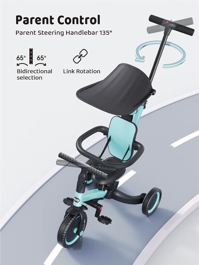 newyoo Tricycle for Toddlers 1-3, Toddler Bike, Birthday Gift and Toys for Girl and Boy, Push Trike with Handle and Canopy, 6 in 1 Baby Trike, Balance Bike, TR009, Blue