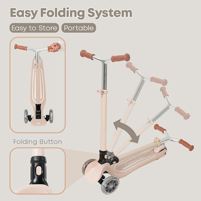 Kick Scooter for Kids Ages 3-10 (Beige/Pink/Navy/White) 3 Wheeled with LED Light-Up Wheels CPSC Certified Foldable and 4 Height Adjustable Toddler Scooters for Boys Girls