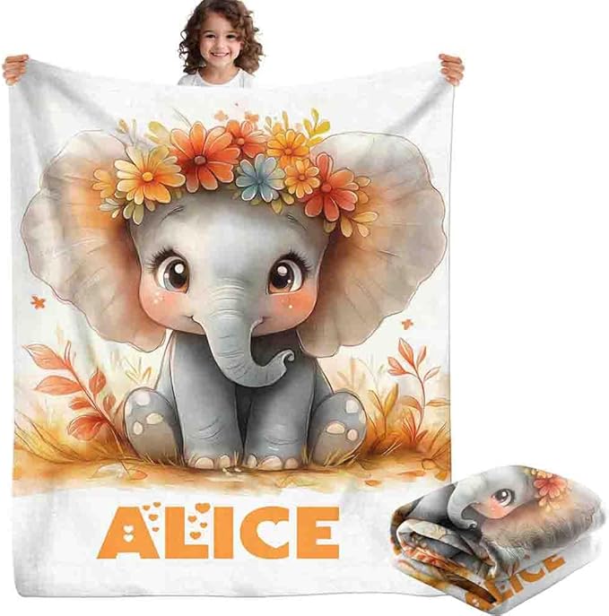 Custom Baby Girl Blanket with Name Personalized Cute Elephant Blanket Customized Soft Flannel Throw Blanket Gift for Birthday Baby Shower