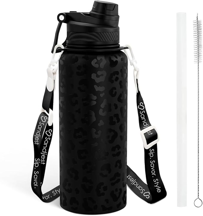 Black Leopard Skin Stainless Steel Water Bottle with Strap 32oz, Insulated Bottles with Straw and Spout Lid for Gym Sports Travel Outdoor, Gifts for Women Girls Birthday Christmas