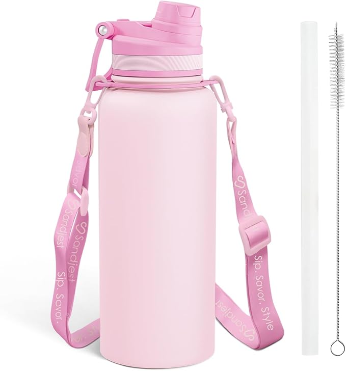 SANDJEST Stainless Steel Water Bottle with Strap 32oz, Insulated Bottles with Straw and Spout Lid for Gym Sports Travel Outdoor, Gifts for Women Girls Birthday Christmas (Pink)