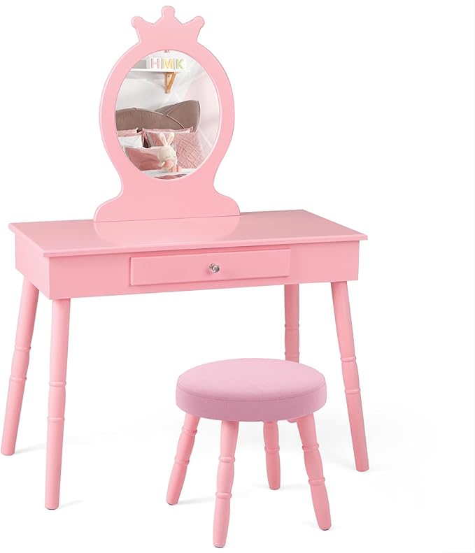 HONEY JOY Pink Crown Makeup Vanity, Includes Chair & Real Glass Mirror, Large Engineered Wood Kids' Vanity Set, Safe & Sturdy, Easy to Install & Clean, Pink