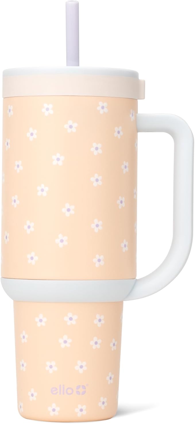 Ello Oasis 30 oz Tumbler with Handle & Retracting Straw | Reusable Insulated Stainless Steel Cup 100% Leakproof, Gifts for Teens Women Men | Keeps cold for 24 Hours, Cup Holder Friendly, Daisies