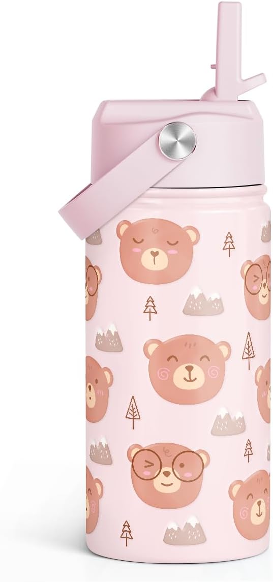 Bear Kids Water Bottle With Straw Lid 12oz Insulated Stainless Steel, Travel Tumbler, Bear Gifts For Boys Girls, Birthday, Christmas, Back To School