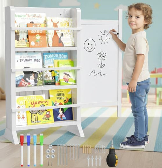 Kids Bookshelf - Baby Book Shelf for Kids Room with Montessori Furniture Sliding Whiteboard, Dry Erase Markers - Wooden Bookshelf for Kid Toddler, Nursery Bookcase for Classroom Bedroom