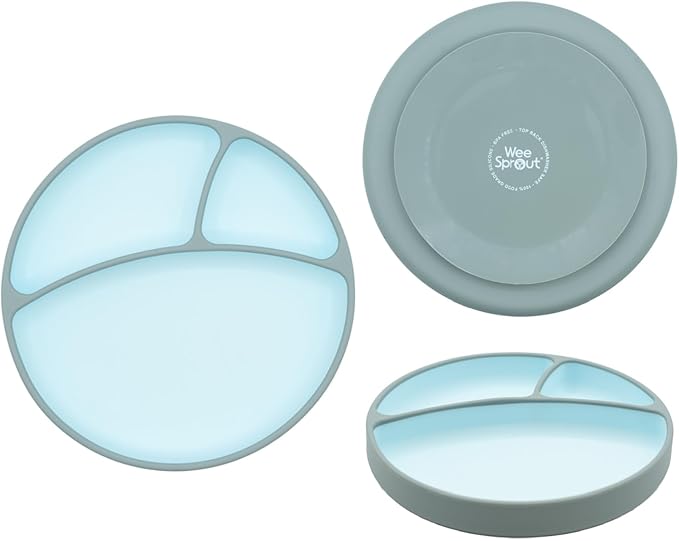 WeeSprout Silicone Suction Plate - Two-Tone Baby Plate with Suction Cup - Sectioned Divided Dish for Kids, Infants, Toddlers - Food-Grade Silicone Dinnerware (Sky/Matte Green)