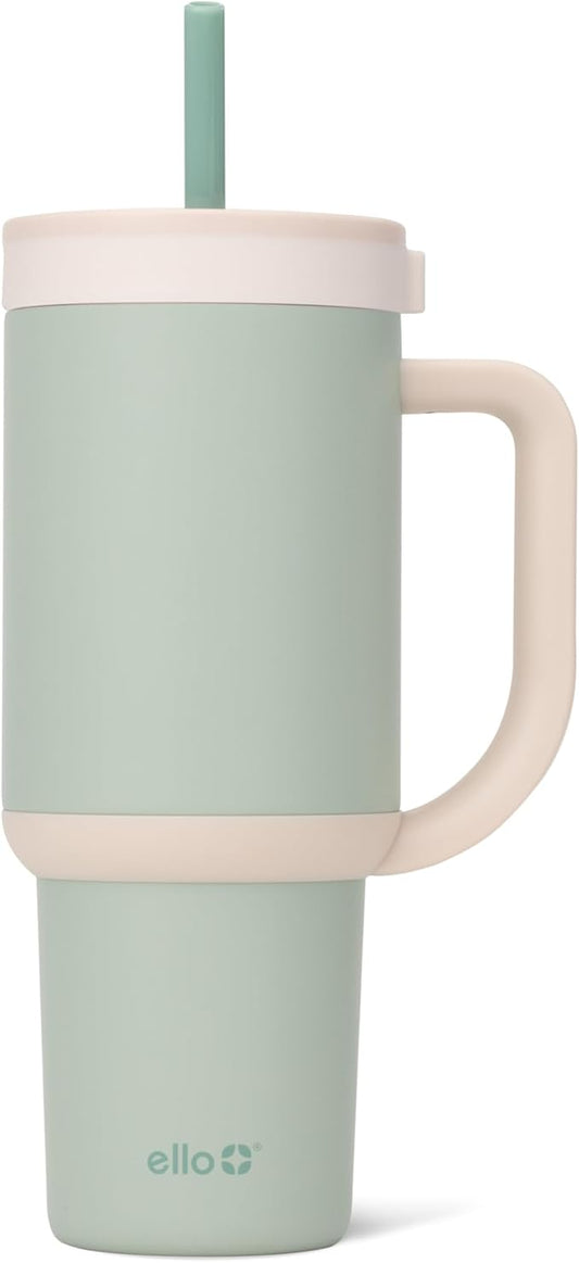 Ello Oasis 30 oz Tumbler with Handle & Retracting Straw | Reusable Insulated Stainless Steel Cup 100% Leakproof, Gifts for Teens Women Men | Keeps cold for 24 Hours, Cup Holder Friendly, Pistachio