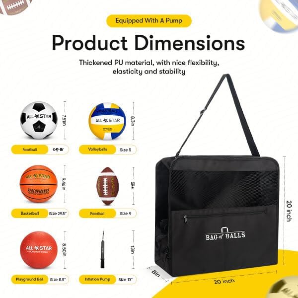 Complete Sports Balls w/Bag, Pump for Boys - Kickball, Volleyball, Soccer Ball, Football, Basketball - Outdoor Play