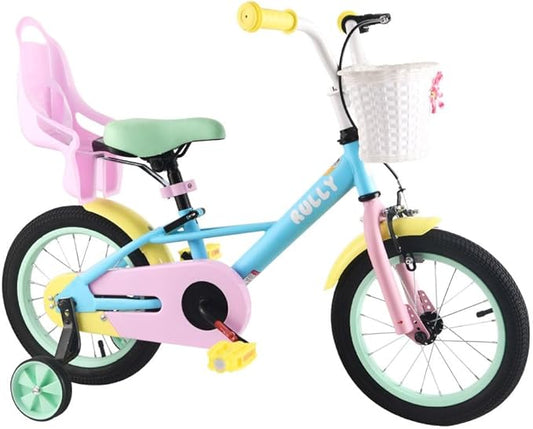 RULLY 12 14 16 Inch Kids Bike for 2-7 Years Girls 33-53 Inch Tall, Toddler Bicycle with Training Wheels & Coaster Brake, Rainbow Bike, Macarons