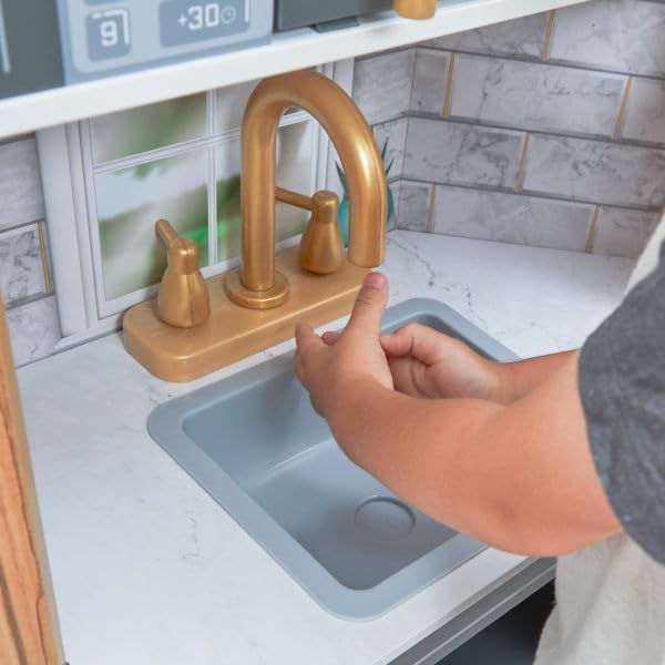 KidKraft Ultimate Corner Wooden Play Kitchen with Lights & Sounds, Play Phone and Curtains, Natural, Gift for Ages 3+