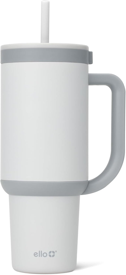 Ello Oasis 40 oz Tumbler with Handle & Retracting Straw | Reusable Insulated Stainless Steel Cup 100% Leakproof, Gifts for Teens Women Men | Keeps cold for 20 Hours, Cup Holder Friendly, Grayscale