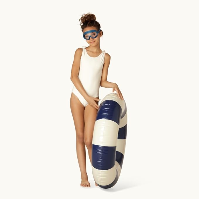 Petites-Pommes Inner Tube for Kids - Durable Donut Pool Float, Handprinted Classic Striped Design Round Floats for Pool, Soft Comfort Seaming, Packable Floats for Travel, Dark Blue, 35 inch