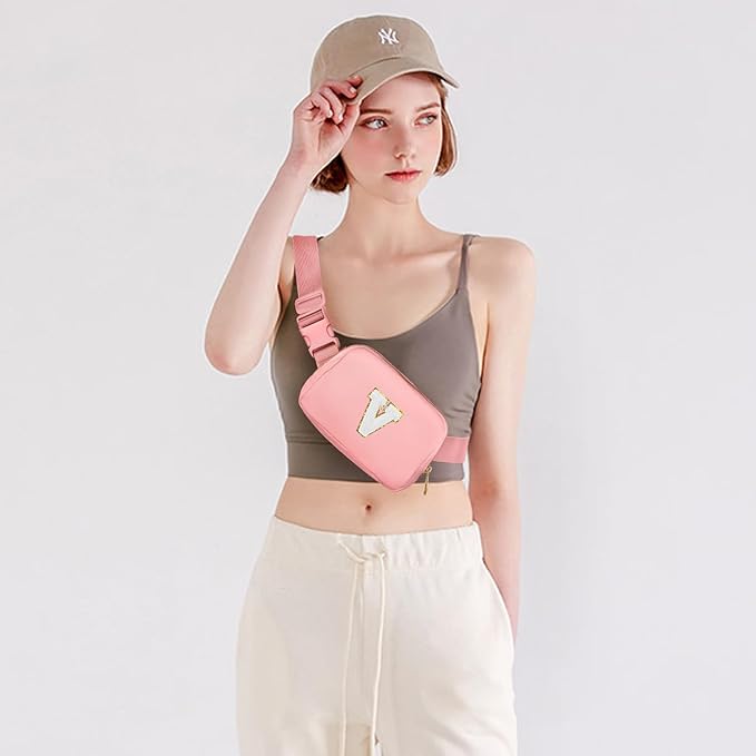 Gitus Birthday Gifts for 8 9 10 11 12 13 Year Old Girls Personalized Fanny Pack Crossbody Bags with Initial Letter Patch Belt Bag for Teen Girls Cute Trendy Stuff Travel Essentials (LightPink-V)