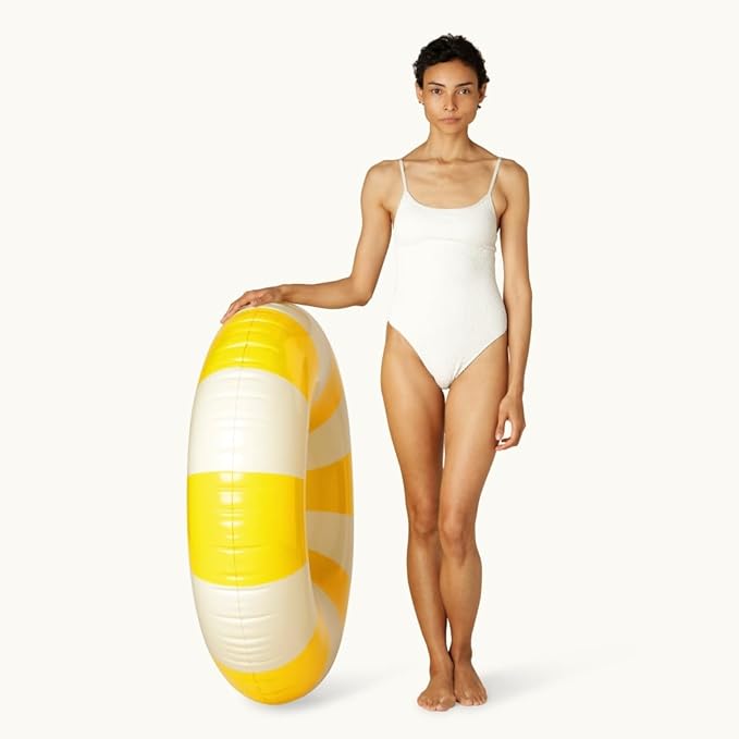 Petites-Pommes Water Floats for Adults - Durable Inner Tube, Handprinted Classic Striped Design Pool Float, Soft Comfort Seaming, Packable Floats for Travel, Yellow, 47 inch