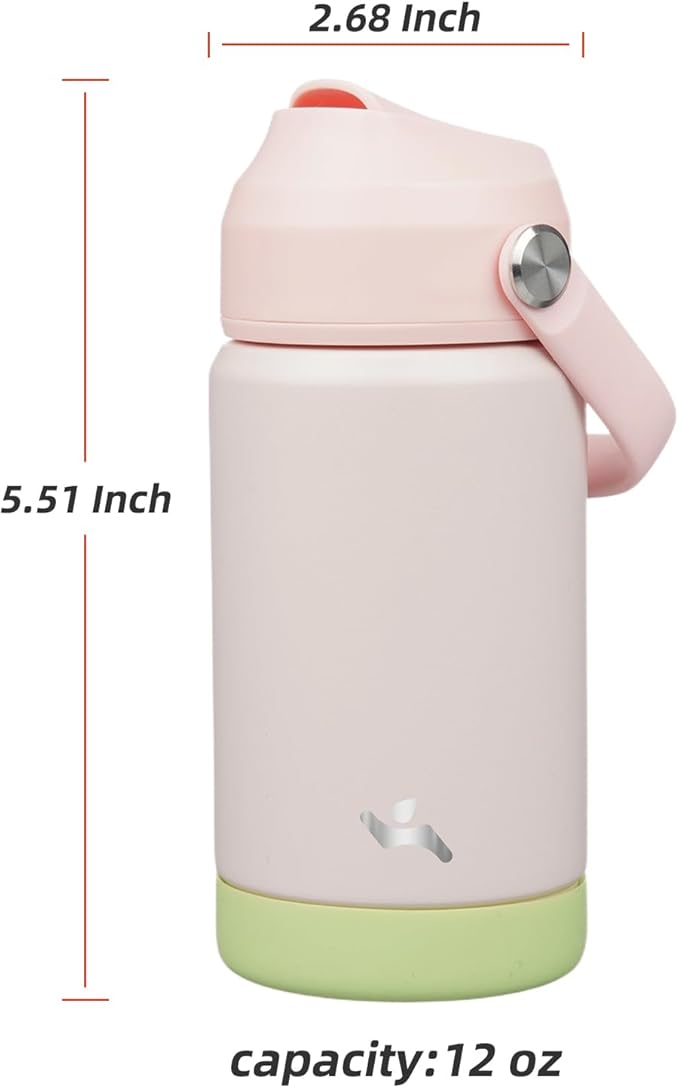 Insulated Water Bottle with Straw Lid,12 oz Stainless Steel Vacuum Metal Bottle with Silicone Handle,Pearl