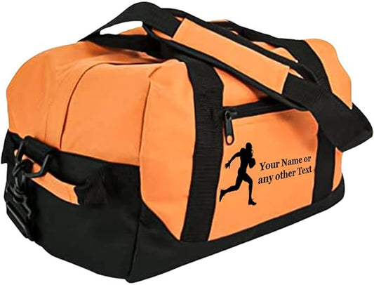 Personalized Passion 14” Small Sports Duffel Bags for Kids - Waterproof Travel Duffle with Name & Football Design - Orange Two-Toned Kids Weekender Bag for Boys and Girls
