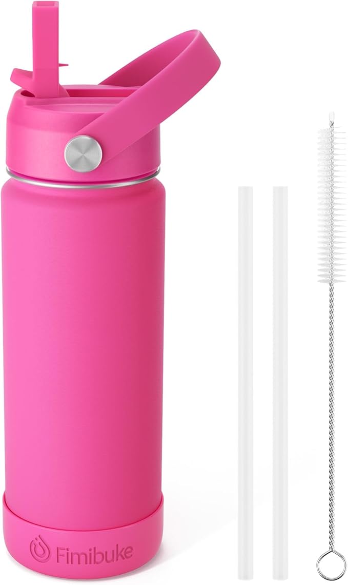 Fimibuke Kids Insulated Water Bottle, 18oz BPA FREE 18/8 Stainless Steel Kids Cup with Straw Travel Tumbler Double Wall Vacuum Leak Proof Toddler Water Bottle for School Boys Girls(1 Pack, Magenta)