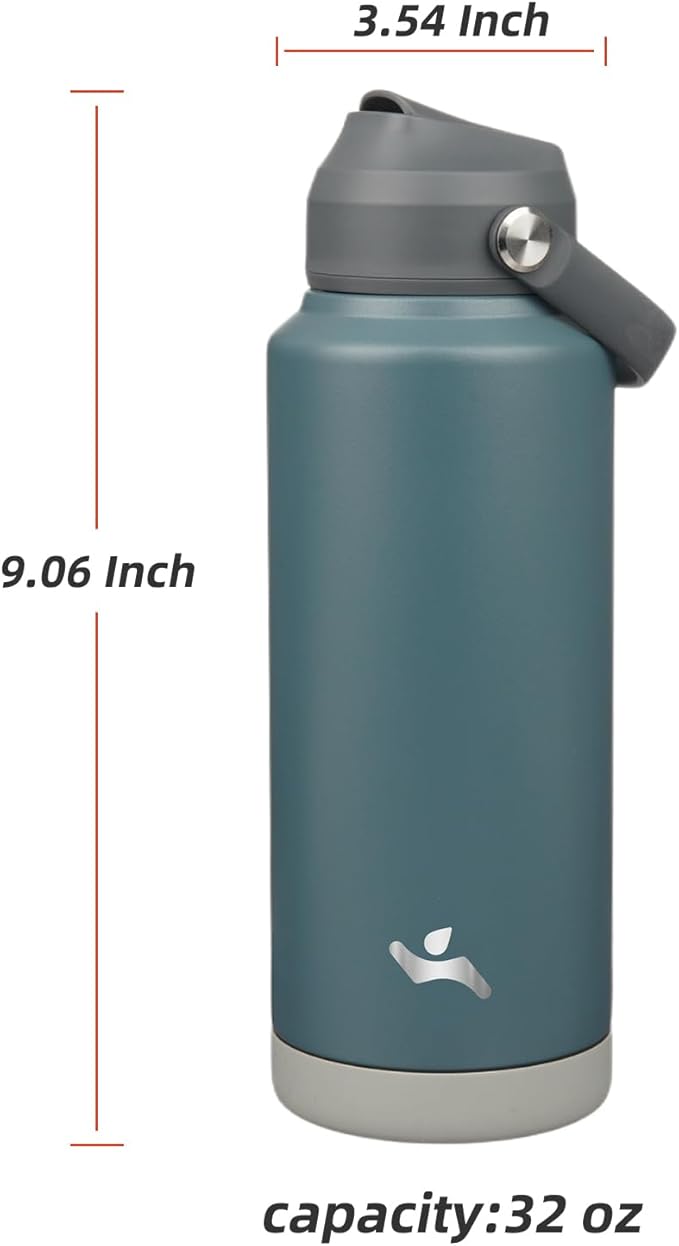 Insulated Water Bottle with Straw Lid,32 oz Stainless Steel Vacuum Metal Bottle with Silicone Handle,Dark Gray