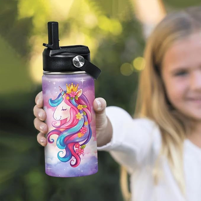 Unicorn Kids Water Bottle Insulated Water Bottles 12oz with Straw Stainless Steel Travel School Tumbler Double Wall Vacuum Cup for Girls Kid Boys