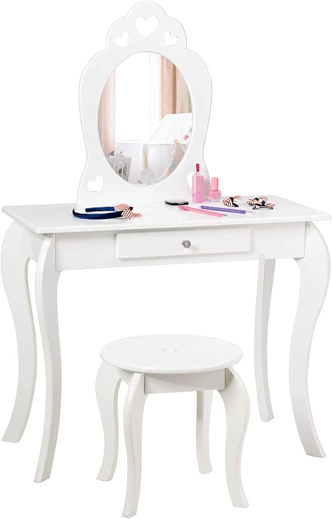 HONEY JOY Kids Vanity Set with Mirror, Toddler Wooden Vanity Table with Stool & Drawer, Removable Top, Princess Pretend Play Beauty Makeup Dressing Table Playset for Little Girls(White)