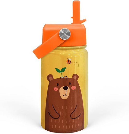 Bear Water Bottle - Kids Water Bottle with Straw Lid - 12 Oz Insulated Stainless Steel Water Bottles for Kid Boys - Travel Cup for School Sports