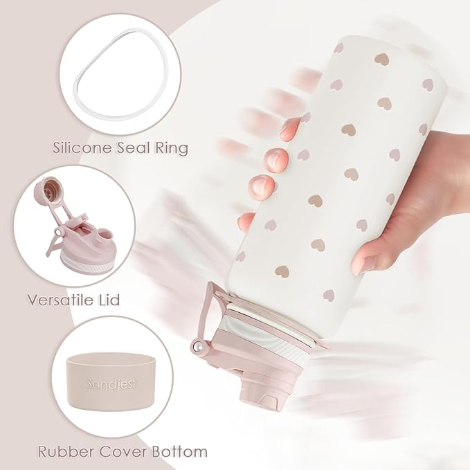 SANDJEST Beige Heart Stainless Steel Water Bottle with Strap 32oz, Insulated Bottles with Straw and Spout Lid for Gym Sports Travel Outdoor, Gifts for Women Girls Birthday Christmas