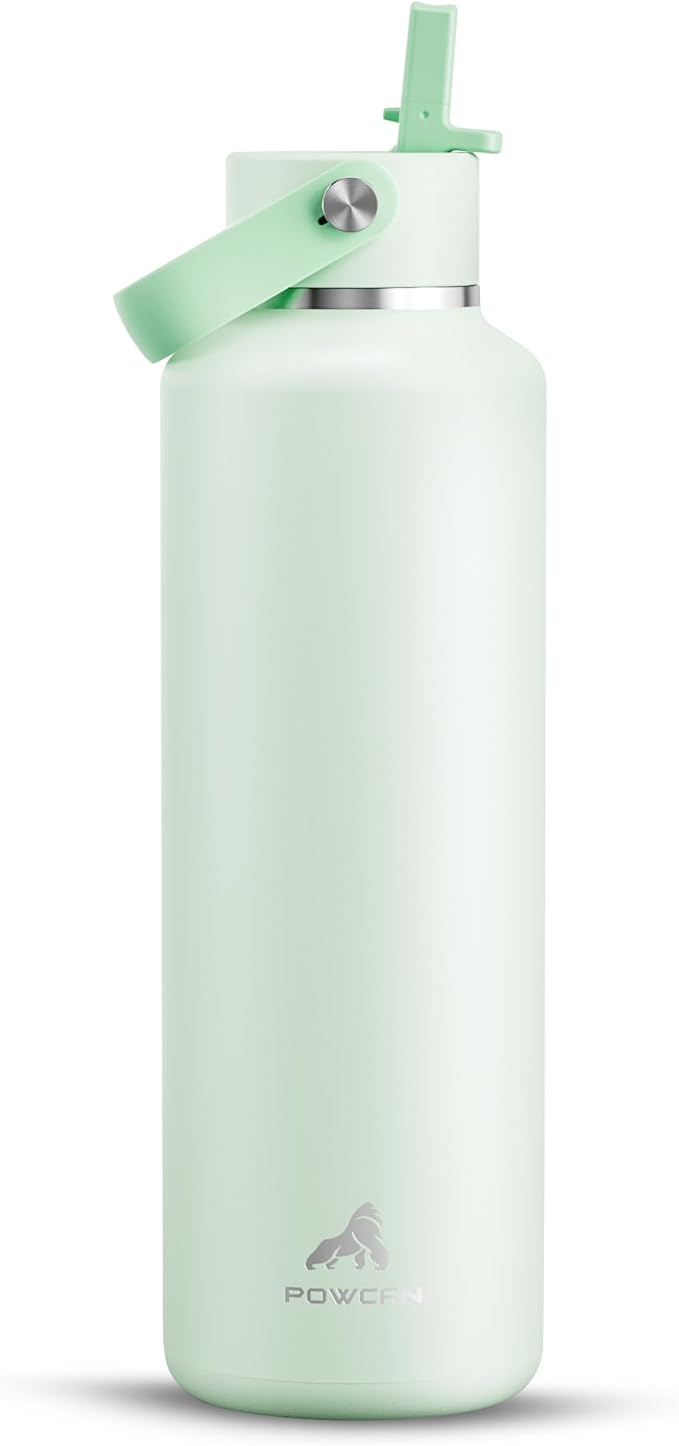 POWCAN 24 oz Double Walled Insulated Water Bottle with Straw: Leakproof, Cup Holder Friendly, BPA-free, Top Handle, Stainless Steel Water Bottle for Adult, Student, Nurse, Commuter, Bag (Mint Dew)