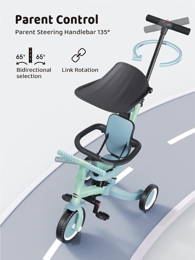 newyoo Toddler Bike, Tricycle for Toddlers 1-3, Toddler Tricycle with Push Handle and Canopy, Birthday Gift and Toys for Girl and Boy, 6 in 1 Baby Trike, Balance Bike, TR009, Green