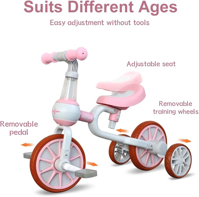 XIAPIA 3 in 1 Toddler Bike for 2-4 Year Old Girl Boy, Kids Tricycle with Adjustable Seat, Detachable Pedal and Training Wheels, Baby Balance Bike Trikes Riding Toys, Kids Chirstmas Birthday Gifts Pink