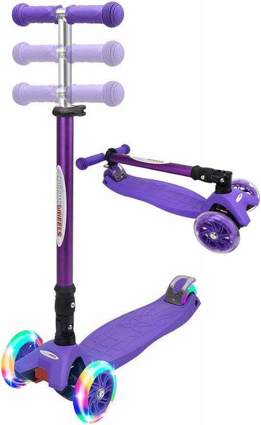 ChromeWheels Foldable Scooters for Kids, Deluxe Kick Scooter 4 Adjustable Height 132lbs Weight Limit 3 Wheel, Lean to Steer LED Light Up Wheels, Best Gifts for Girls Boys Age 3-12 Year Old