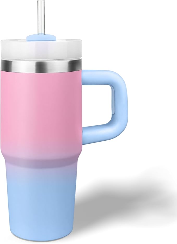 14 oz Tumbler with Handle and Straw, 14oz Toddler Tumbler with Lid and Straw for Kids Stainless Steel Tumblers, Outdoor Sports Travel School Gift, Keeps Drinks Cold (Gradient pinkblue)