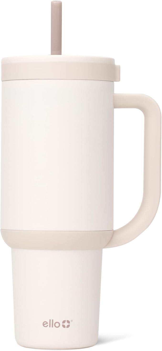 Ello Oasis 30 oz Tumbler with Handle & Retracting Straw | Reusable Insulated Stainless Steel Cup 100% Leakproof, Gifts for Teens Women Men | Keeps cold for 24 Hours, Cup Holder Friendly, Cream Tonal
