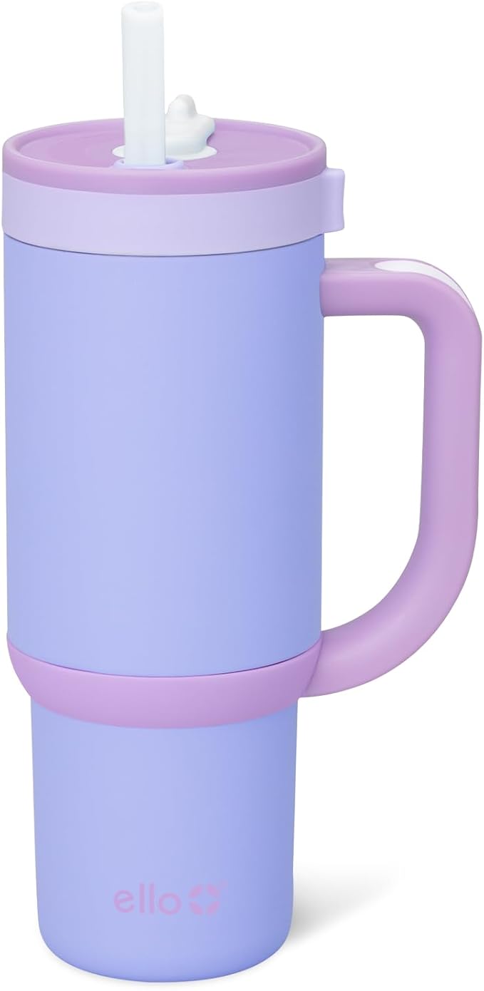 Ello Oasis 18oz Kids Tumbler with Handle & Retracting Straw, 100% Leakproof Reusable Insulated Stainless Steel Cup, Keeps cold for 18 Hours, Cup Holder Friendly, Lavendar Fields