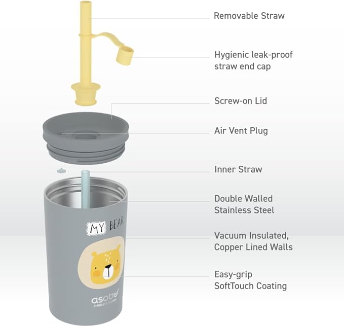 asobu Stainless Steel Kids Tumbler with Flexible Straw Lid | Insulated Water Bottle | Reusable Travel Cup 12 Ounce (Grey)