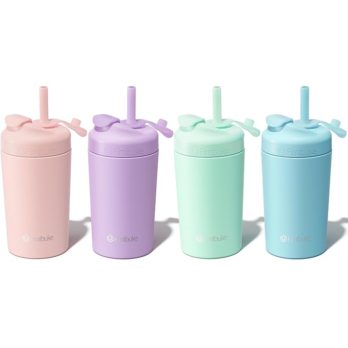 Fimibuke Kids & Toddler Cups, 10 OZ Spill Proof Straw Cups for Toddlers, 4 Pack Leak-Proof Kid Insulated Tumbler with Screw-On Lid & Silicone Straw with Stopper, Stainless Steel Sippy Cup for Girl Boy