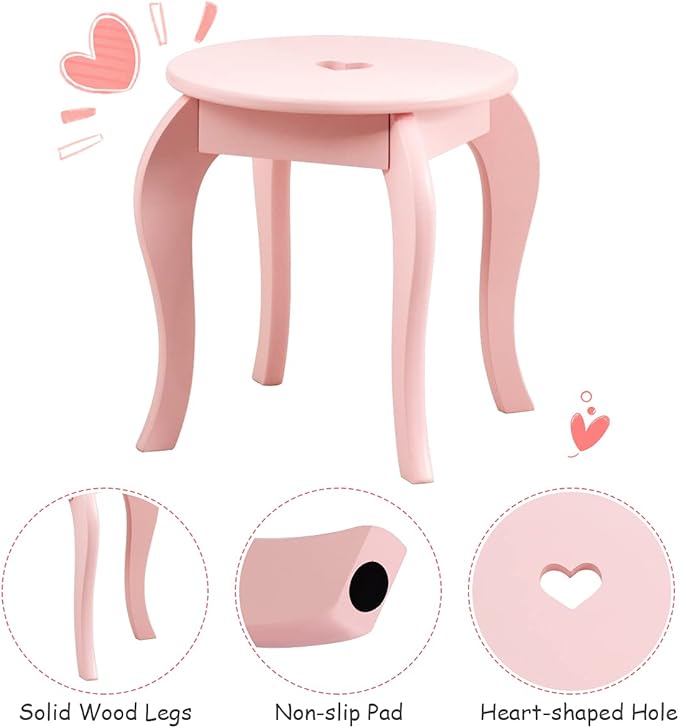 HONEY JOY Kids Vanity Set with Mirror, Toddler Wooden Vanity Table with Stool & Drawer, Removable Top, Princess Pretend Play Beauty Makeup Dressing Table Playset for Little Girls(Pink)