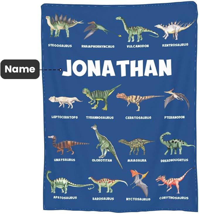 Personalized Dinosaur Blankets for Kids, Baby, Toddler, Custom Soft Warm Fleece Throw Blanket with Name, Christmas Birthday Gifts for Boys Girls