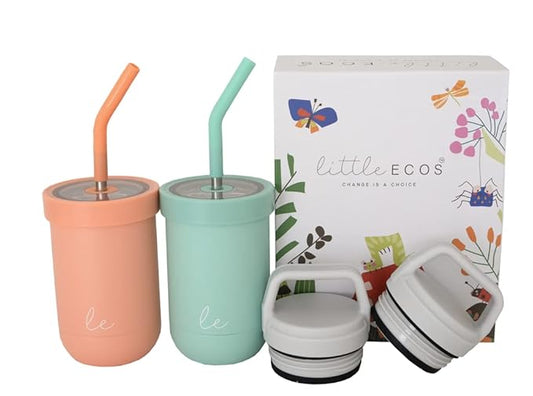 Double walled Insulated Smoothie cups for kids | Toddler Cups with Straws | Set of 2 Straw Sippy Cup | Stainless steel baby cup with Thermos Lid for Hot Storage | Kids Straw Cups