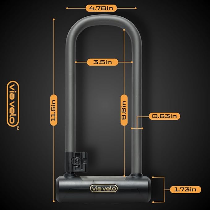 Via Velo Bike U Lock with Cable | Pro U Lock 20 CrMnTi Steel 15mm Shackle with Bracket Inside Size:9.6 x 3.5 in Sold Secure Gold Approval for Road Mountain Electric, Folding Bikes Scooter